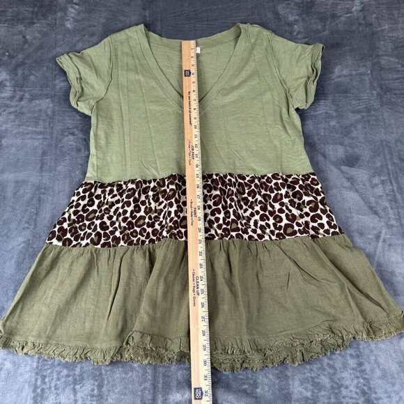 Umgee Dress Tunic Oversized Blouse Women Size Small Green Cheetah Linen Blend - Picture 2 of 6